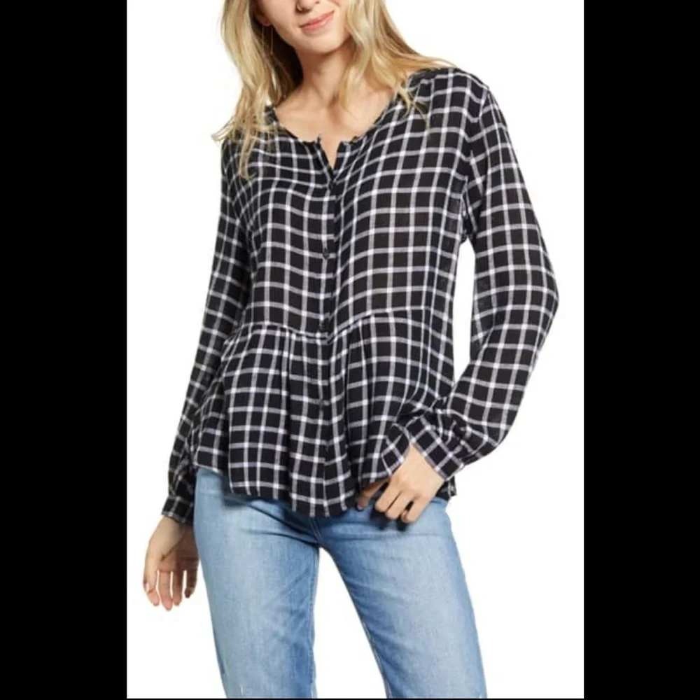 Rails Celeste Onyx White Check Plaid Peplum Blouse Rayon Linen Top Size Medium